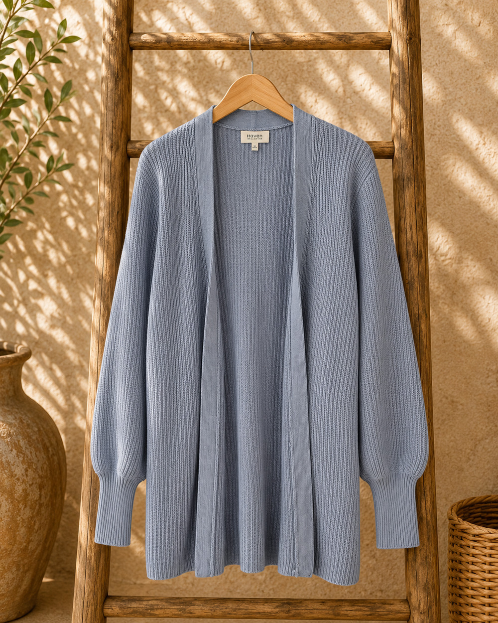 Haven Well Within 100% Cashmere Ribbed Open Front Cardigan Sweater Gray Blue M